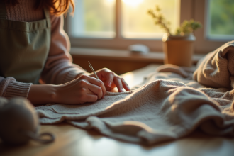 Mains réparant un vêtement avec aiguille et fil dans un atelier lumineux