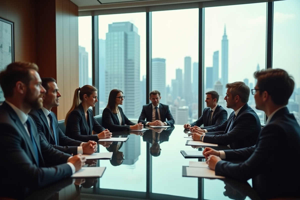 Groupe de cadres en discussion dans un bureau haut de gamme