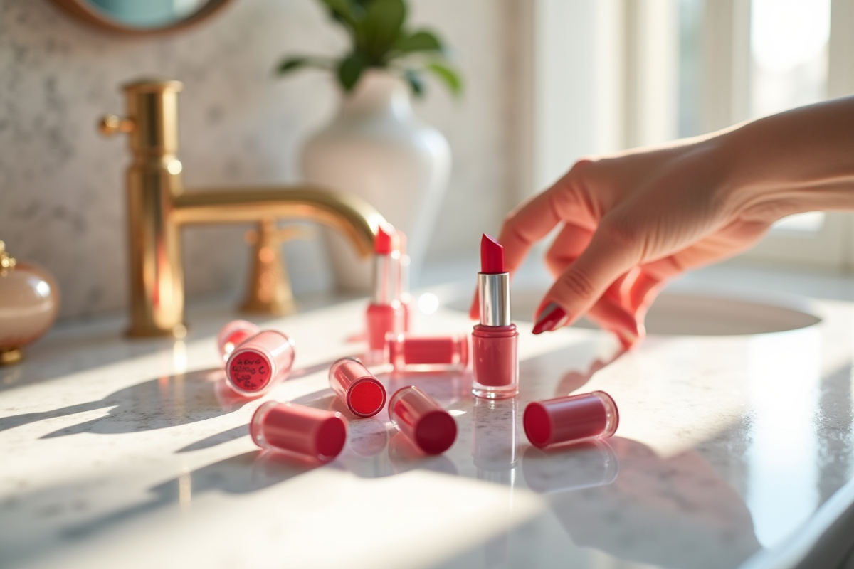 Variété de rouges à lèvres sur une coiffeuse en marbre blanc
