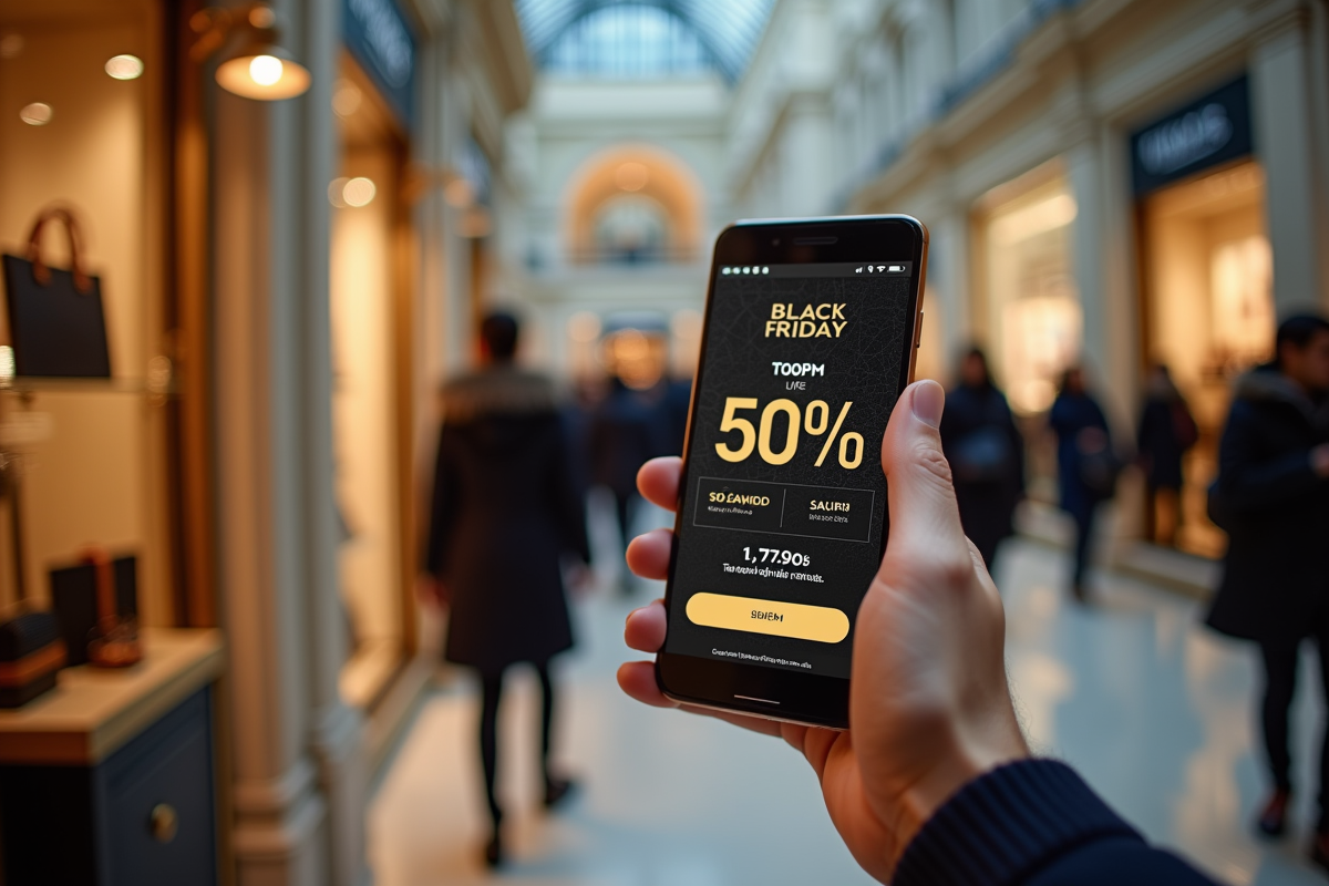 Mains tenant un smartphone avec offres Black Friday dans le magasin