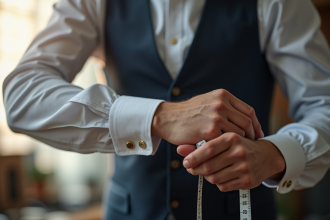 Mesure de la manche d'une chemise par un tailleur dans un atelier lumineux